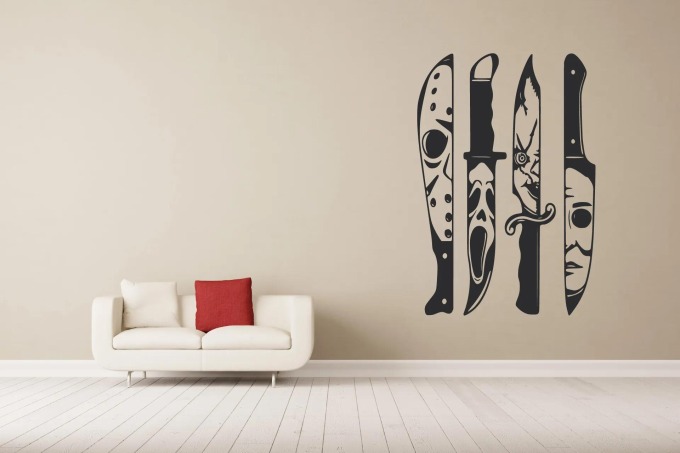 Lepy.cz Samolepka na zeď Nože - Hororové postavy Velikost (šířka x výška): 30x52cm, Barevná varianta: Světle šedivá