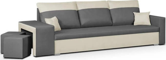Rozkládací pohovka NEVADA Šedá/Béžová+2 Taburety - Elegantní třímístná pohovka s funkcí spaní a úložným prostorem na ložní soupravu