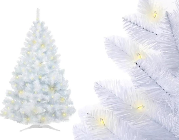 Umělý vánoční stromek s dlouhým jehličím a zasněženým efektem, výška 180cm, bílá barva