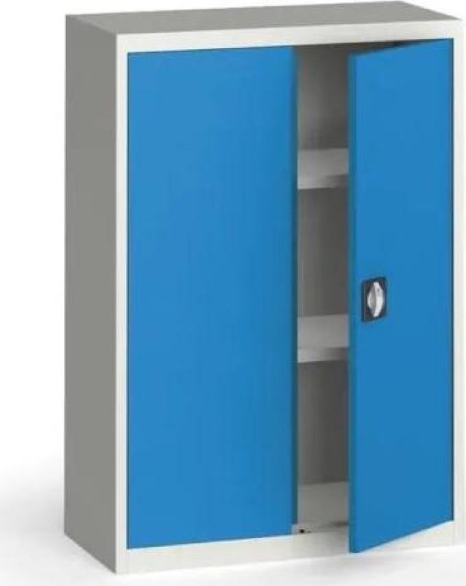 Plechová policová skříň na nářadí KOVONA, 1150 x 800 x 400 mm, 2 police, šedá/modrá