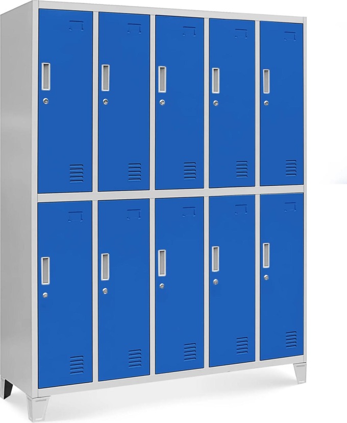 JAN NOWAK Plechová šatní skříňka na nožkách s 10 boxy model BARTEK 1360x1720x450, šedo-modrá