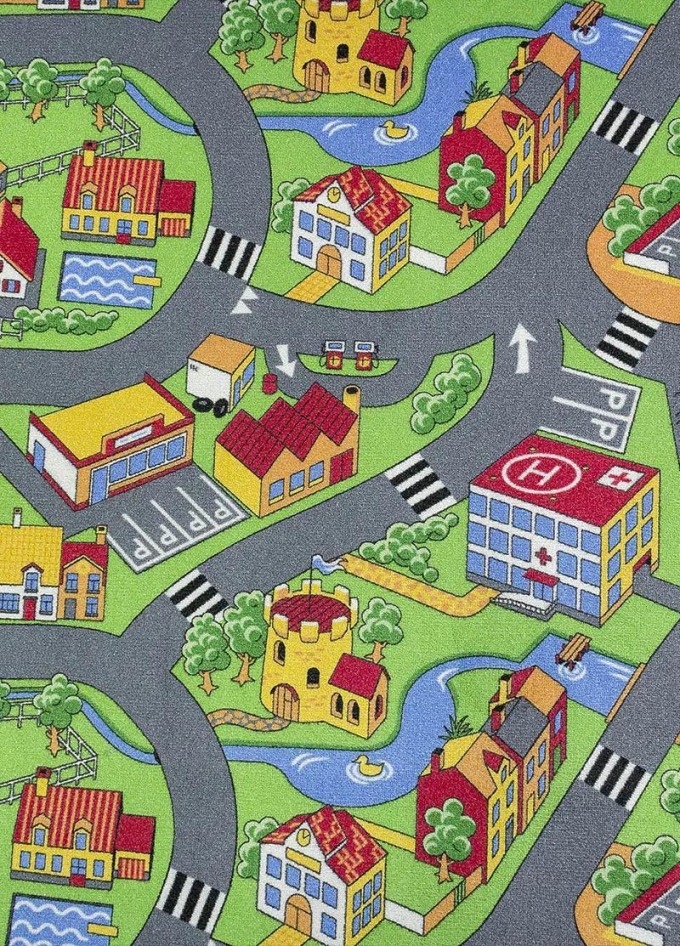 Metrážový koberec s urbanistickým konceptem v pestrých barvách pro děti - LITTLE VILLAGE 90, šíře role 300 cm