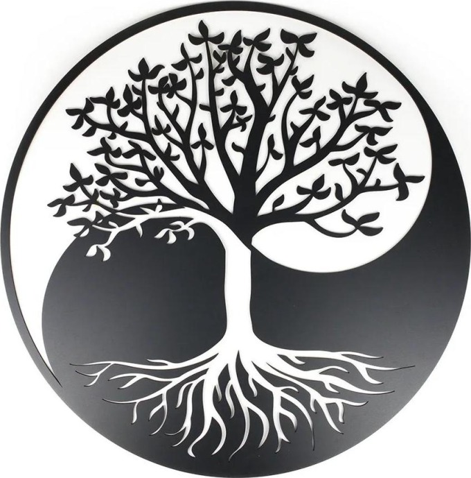 Živá Zeď Dřevěná nástěnná černá dekorace Strom Jin Jang