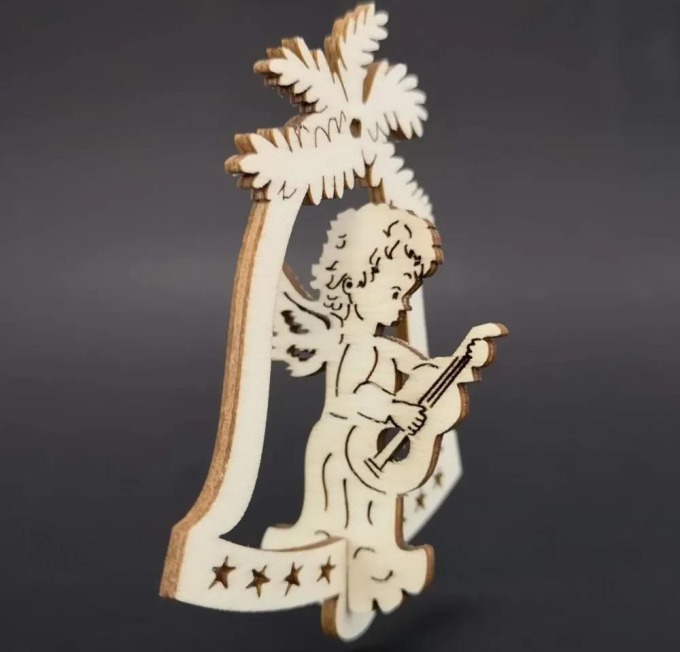 AMADEA Dřevěná ozdoba 3D zvonek - anděl s kytarou 9 cm