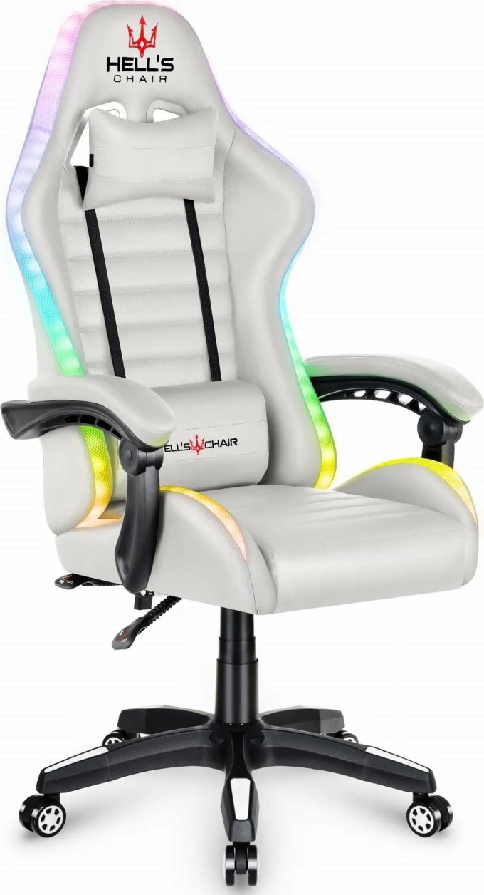 Herní židle s LED RGB osvětlením a bílým designem pro pohodlné a ergonomické sezení při hrách i práci u počítače
