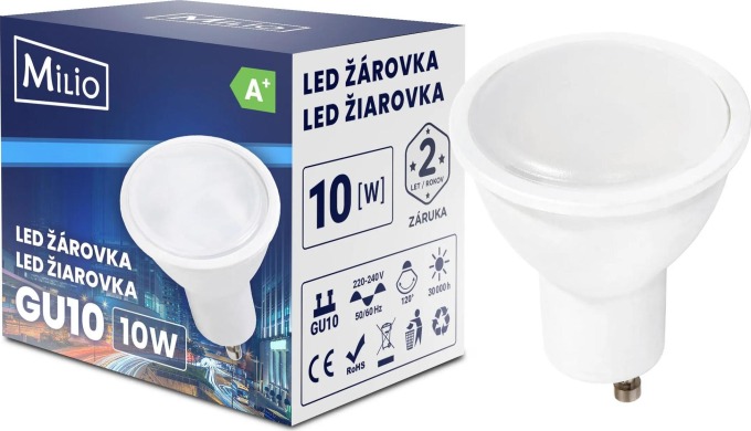 LED žárovka GU10 s teplou bílou barvou, 10W, 840Lm, 230V AC, 30 000h životnost, 120° úhel osvětlení, certifikace CE a RoHS