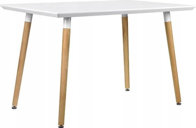 Jídelní stůl s matnou úpravou v bílé barvě, vyrobený z MDF a s podstavou z masivního bukového dřeva, rozměry 120 x 80 cm