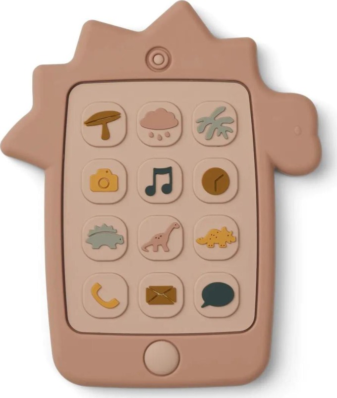 Silikonová hračka ve tvaru telefonu s motivem dinosaura, ideální pro rozvoj zručnosti a jako kousátko