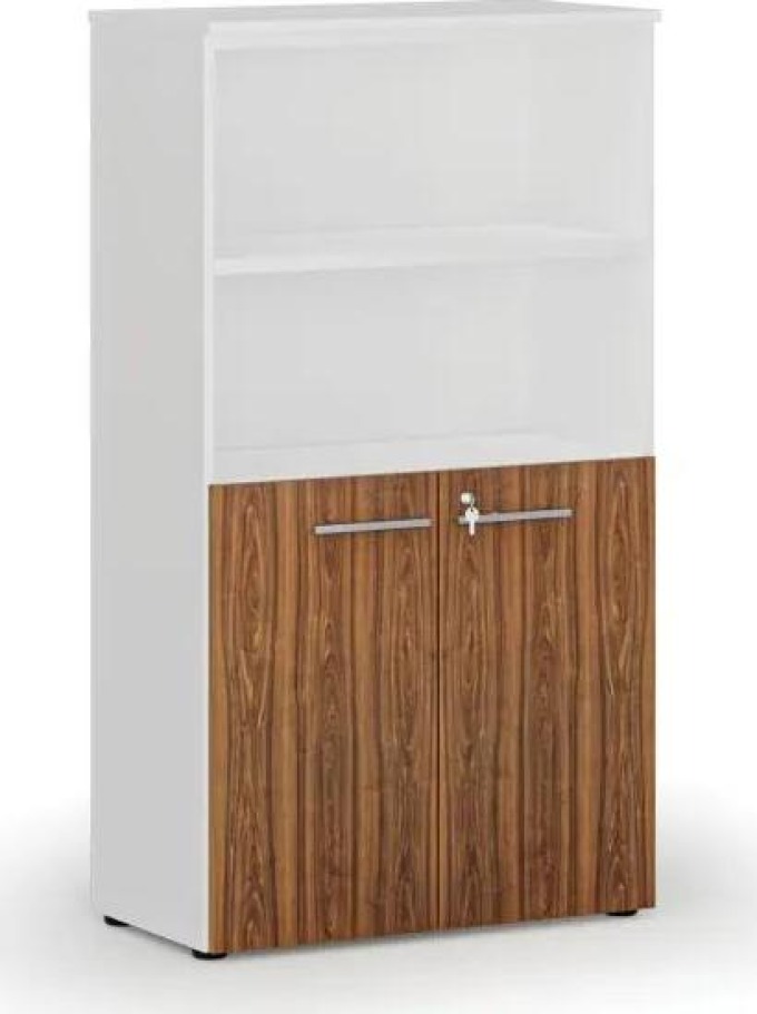 Kombinovaná kancelářská skříň PRIMO WHITE, dveře na 2 patra, 1434 x 800 x 420 mm, bílá/ořech