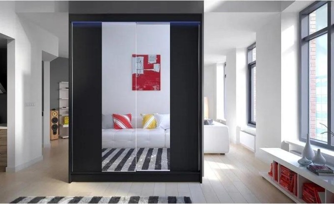 Šatní skříň Belgia II, Barva: černá + černá + zrcadlo, Osvětlení: osvětlení LED RGB - barevné
