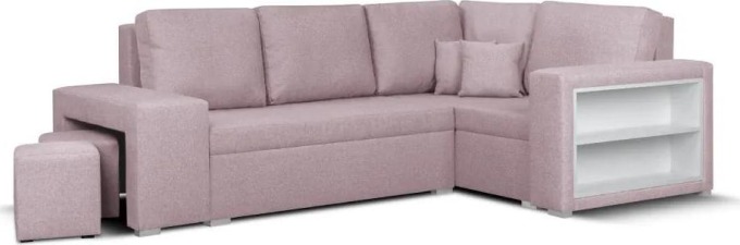 Rozkládací rohová sedací souprava MODO3 + 2 Taburety Růžová - Moderní rohová sedačka s funkcí spaní a úložným prostorem na ložní soupravu, která dodá každému obývacímu pokoji moderní vzhled