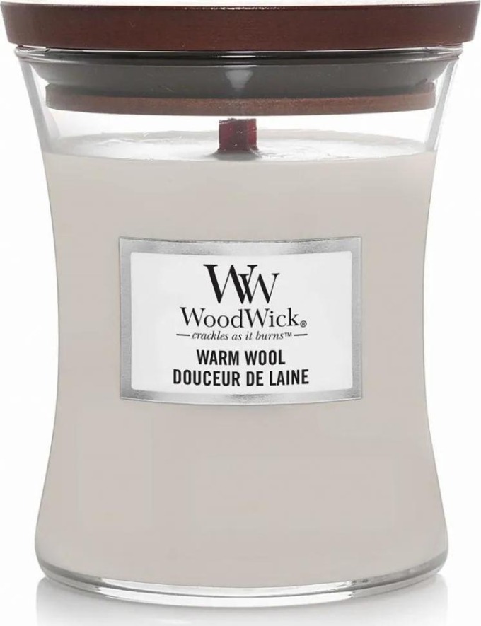 WoodWick vonná svíčka s dřevěným knotem střední Warm Wool 275g