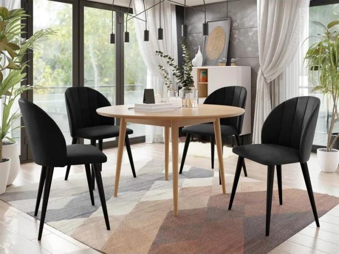 Kulatý stůl Botiler FI 100 se 4 židlemi ST100 04, barva: natura, barva: černá, Potah: Magic Velvet 2219
