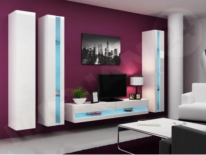 Obývací stěna Zigo New VI, Osvětlení: osvětlení LED - modré, Barva: bílá / bílá lesk