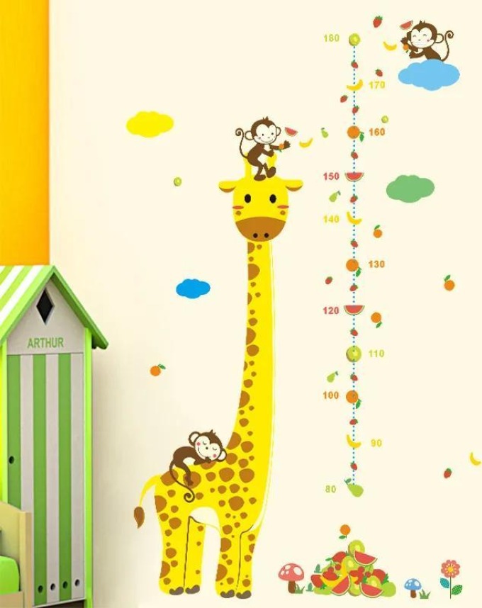 Samolepka na zeď "Dětský metr - Žirafa s opicemi" 135x86 cm
