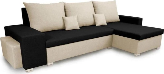 Rozkládací rohová sedací souprava s funkcí spaní a úložným prostorem na ložní soupravu, černá/béžová + 2 taburety