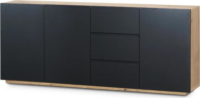 Komoda třídveřová se 3 zásuvkami v černém matném provedení - šířka 203 cm, výška 90 cm, hloubka 40 cm