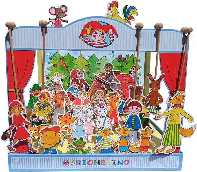 Skládací loutkové divadlo s červenou oponou, loutkami a kulisami pro děti od 3 let