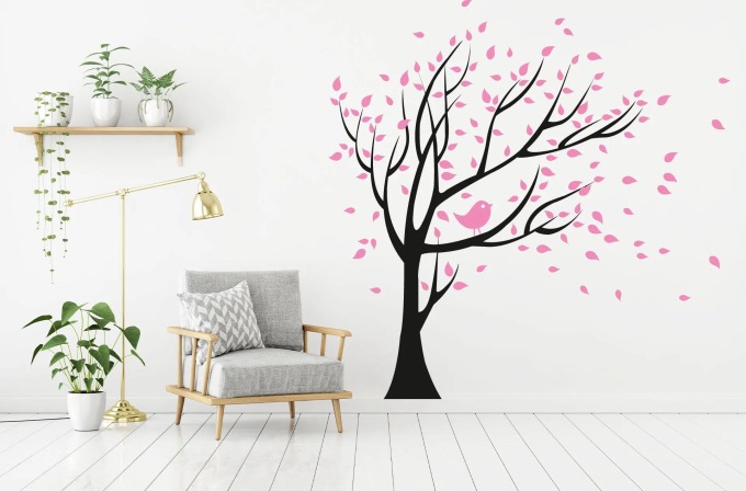Lepy.cz Samolepka na zeď Strom s listy Kombinace barev: Černá + jemná růžová, Velikost kmene (bez listů): 113x137cm