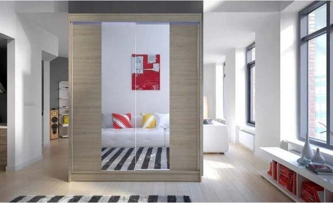 Šatní skříň Belgia II, Barva: sonoma / zrcadlo, Osvětlení: osvětlení LED RGB - barevné