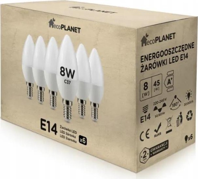 ecoPLANET 6x LED žárovka E14 svíčka 8W 700lm - studená bílá