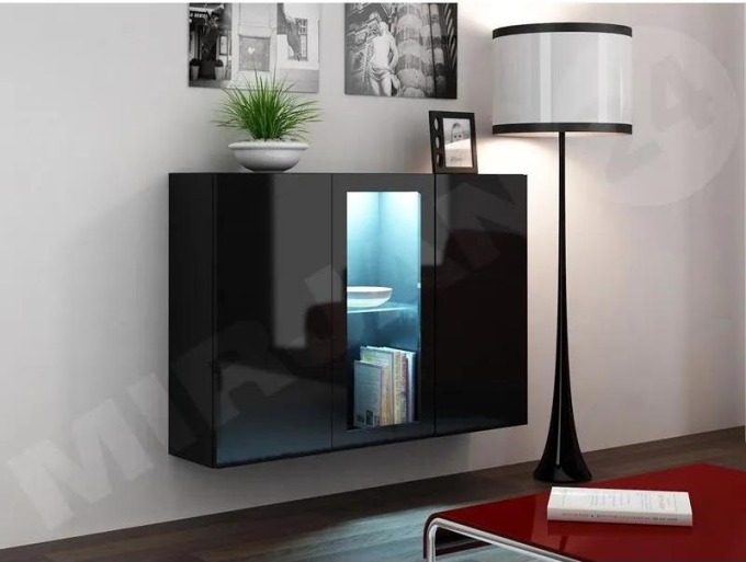 Komoda Zigo, Osvětlení: osvětlení LED - modré, Barva: černý / černý lesk