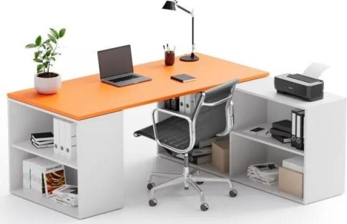 PLAN Kancelářský psací stůl s úložným prostorem BLOCK B01, bílá/oranžová