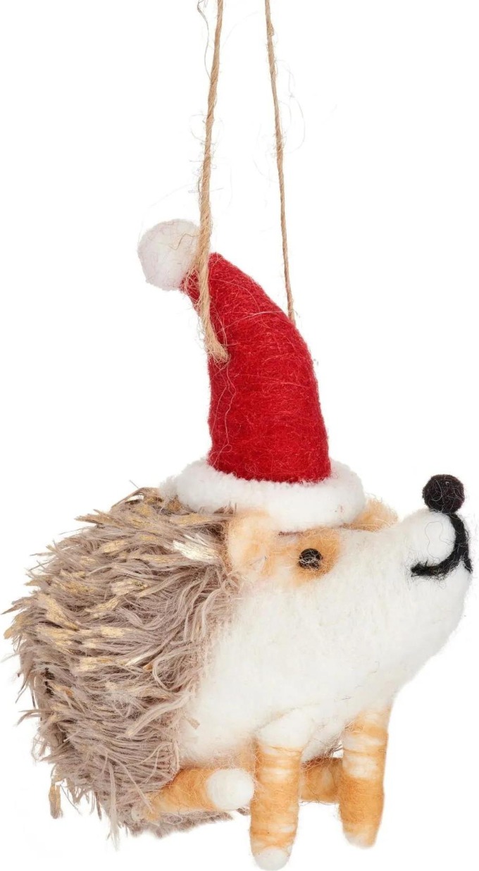 sass & belle Plstěná vánoční ozdoba Hedgehog in Santa Hat, červená barva, textil