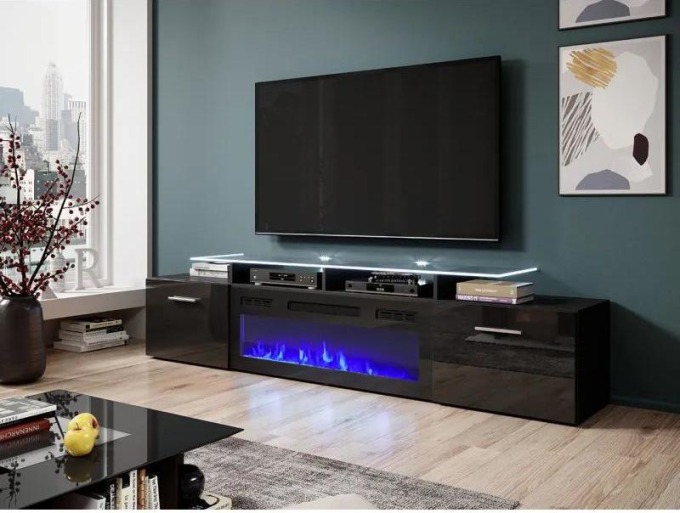 TV stolek Kebuta EF s krbem, Osvětlení: osvětlení LED - bílé, Barva: černý / černý lesk