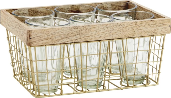 MADAM STOLTZ Kovový stojan s 6 skleničkami Iron/Mango Wood, zlatá barva, přírodní barva, sklo, dřevo, kov