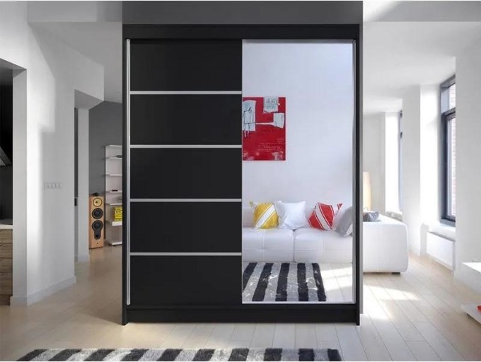 Šatní skříň Belgia III, Barva: černá + černá + zrcadlo, Osvětlení: osvětlení LED RGB - barevné