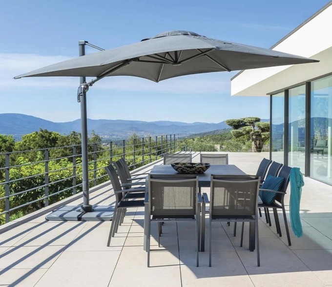 Výklopný čtvercový zahradní slunečník Elea 3 x 3 m olefin - antracit (naklápěcí) s odolnou plachtou proti UV záření a vlhkosti